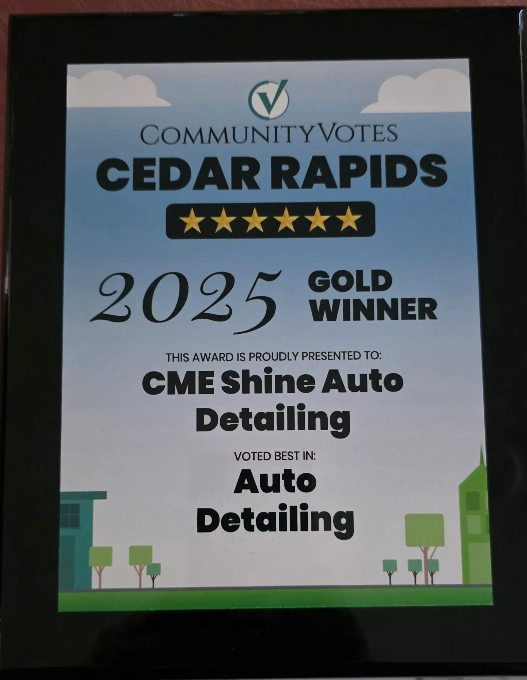 Framed CommunityVotes 2025 Gold Winner award presented to CME Shine Auto Detailing